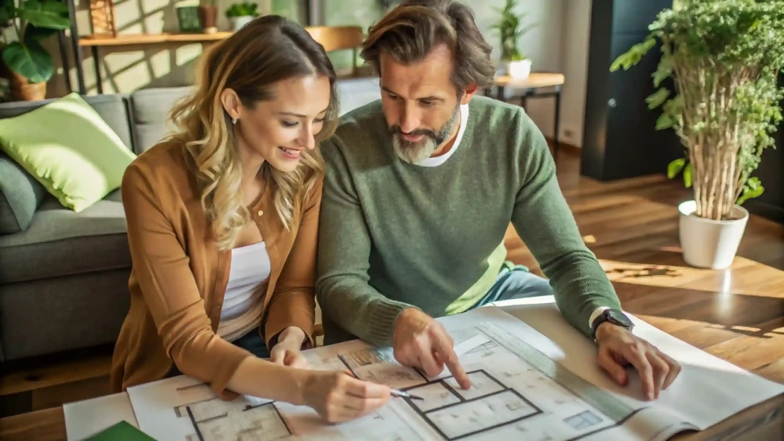 Couple souriant devant un plan de maison neuve – accompagnement personnalisé en financement immobilier par BC